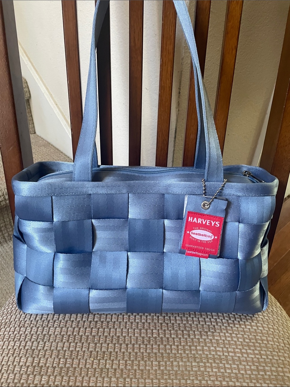 Harveys Denim Light Blue Woven Tote Bag with Red Tag